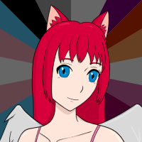 Kylie's profile picture of a red-haired catgirl with bangs and a ponytail, in front of a trans-ace-lesbian background.